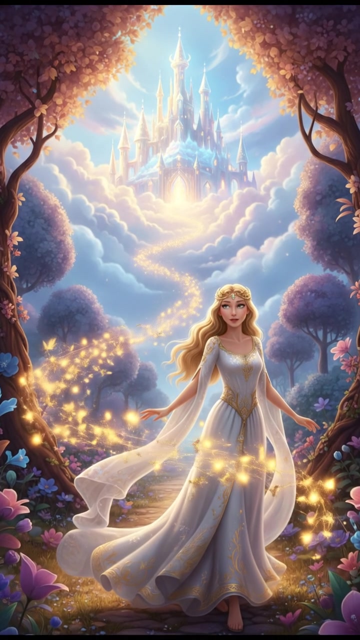 following a trail of fireflies that lead to a glowing dream castle in the clouds