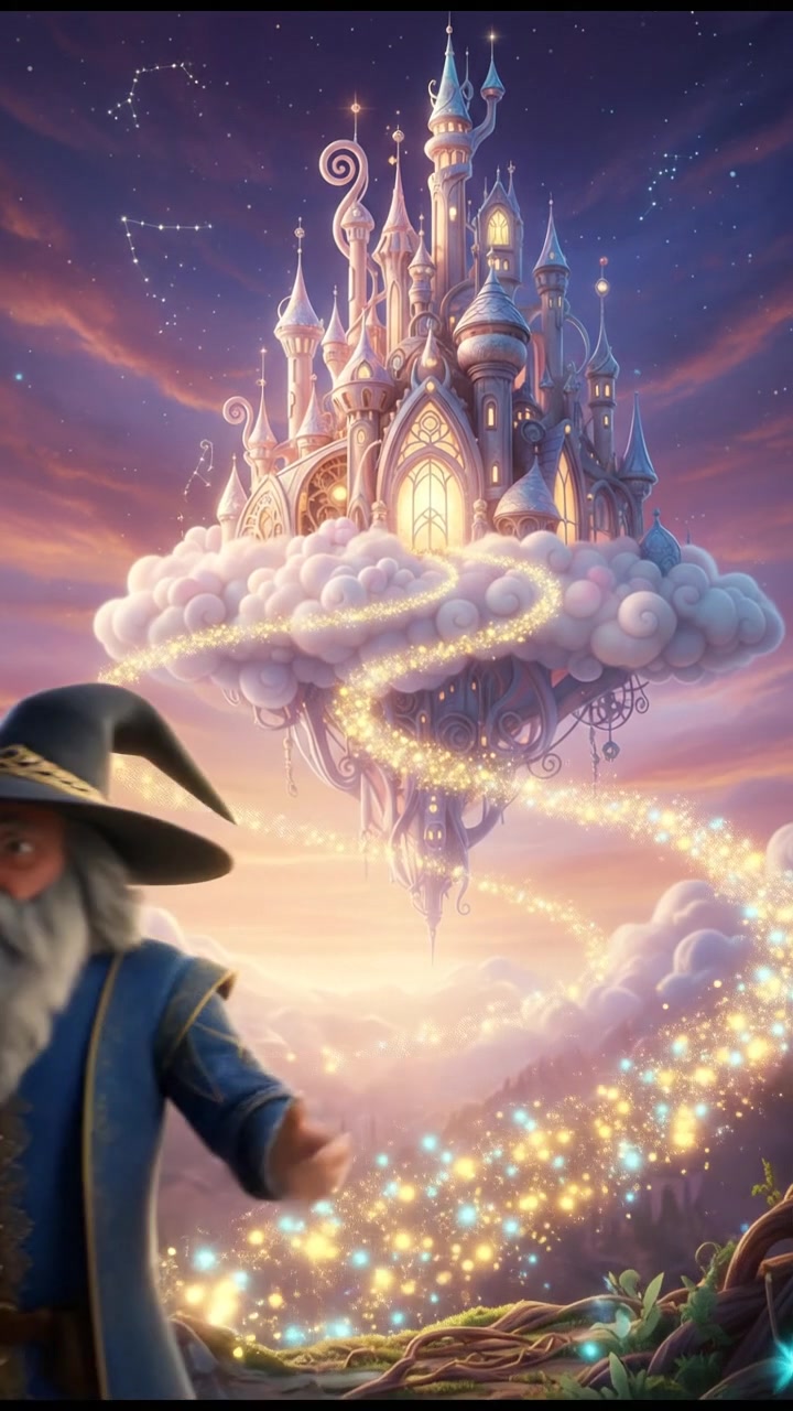 following a trail of fireflies that lead to a glowing dream castle in the clouds