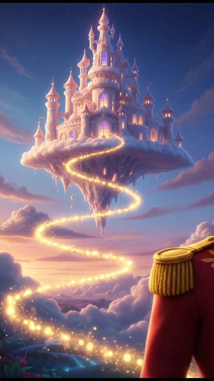 following a trail of fireflies that lead to a glowing dream castle in the clouds