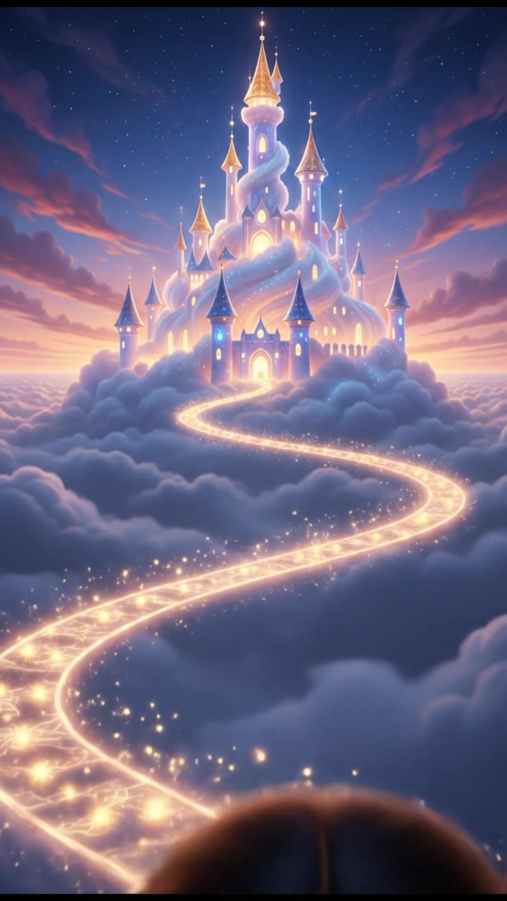 following a trail of fireflies that lead to a glowing dream castle in the clouds