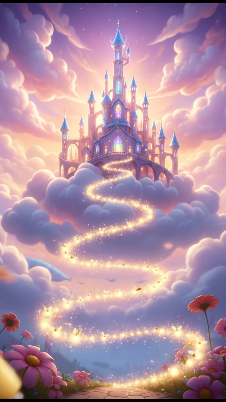 following a trail of fireflies that lead to a glowing dream castle in the clouds