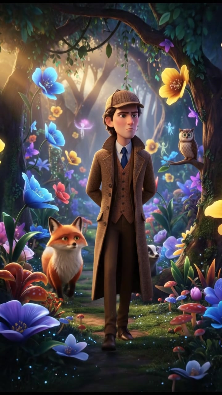 walking through an enchanted forest filled with glowing flowers and friendly animals