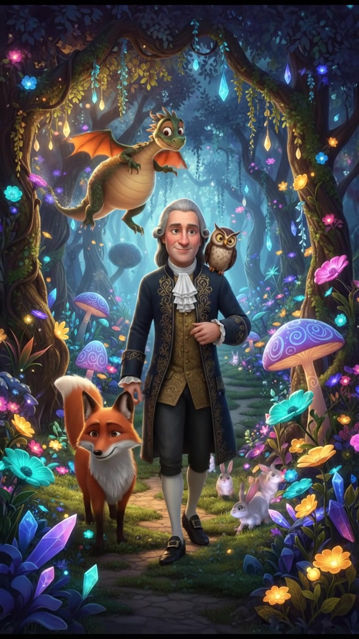 walking through an enchanted forest filled with glowing flowers and friendly animals