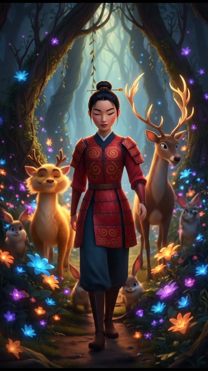 walking through an enchanted forest filled with glowing flowers and friendly animals