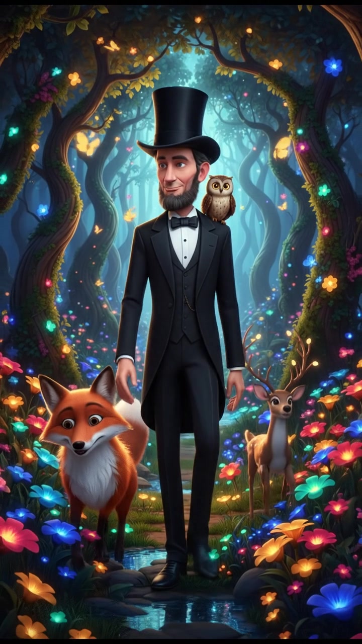 walking through an enchanted forest filled with glowing flowers and friendly animals