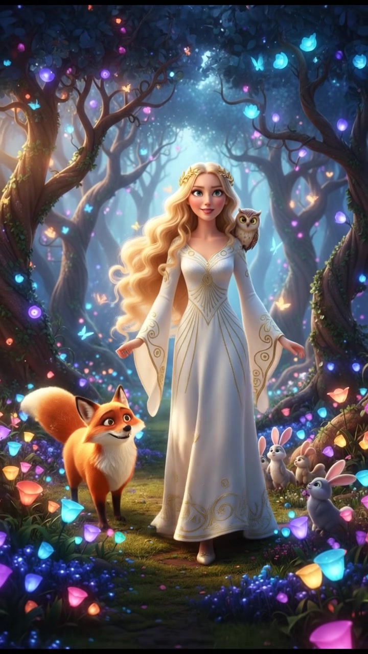 walking through an enchanted forest filled with glowing flowers and friendly animals