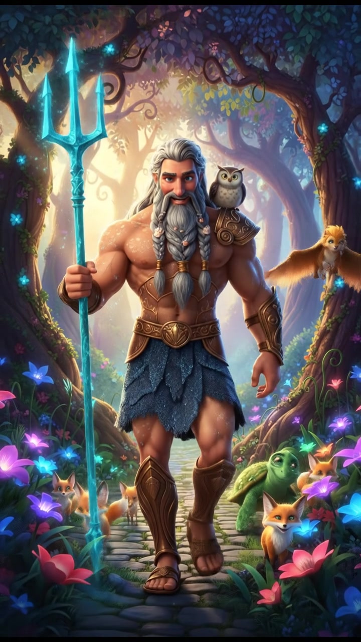 walking through an enchanted forest filled with glowing flowers and friendly animals