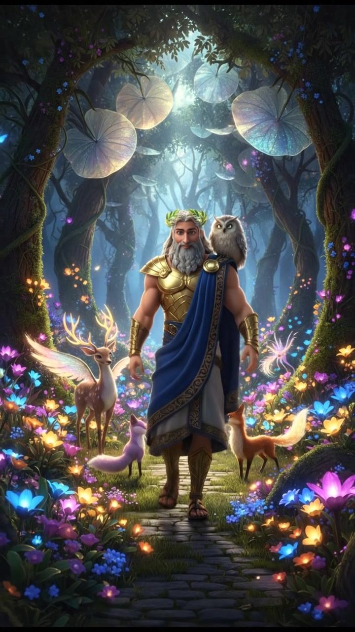 walking through an enchanted forest filled with glowing flowers and friendly animals