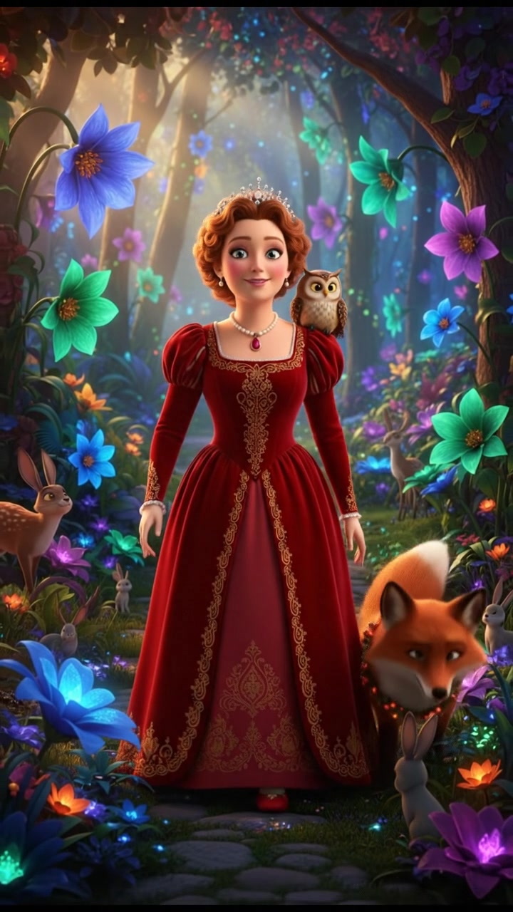 walking through an enchanted forest filled with glowing flowers and friendly animals