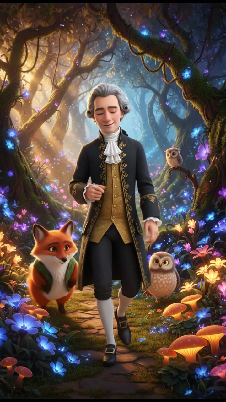 walking through an enchanted forest filled with glowing flowers and friendly animals