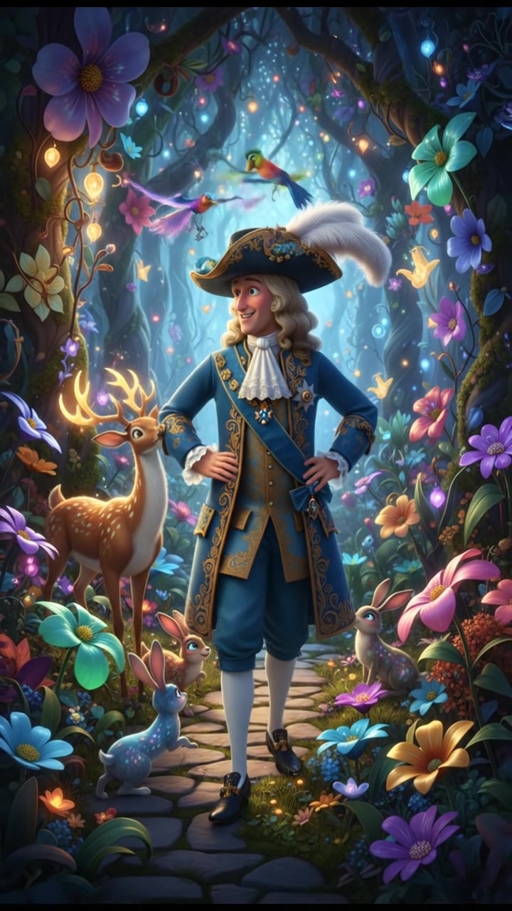 walking through an enchanted forest filled with glowing flowers and friendly animals