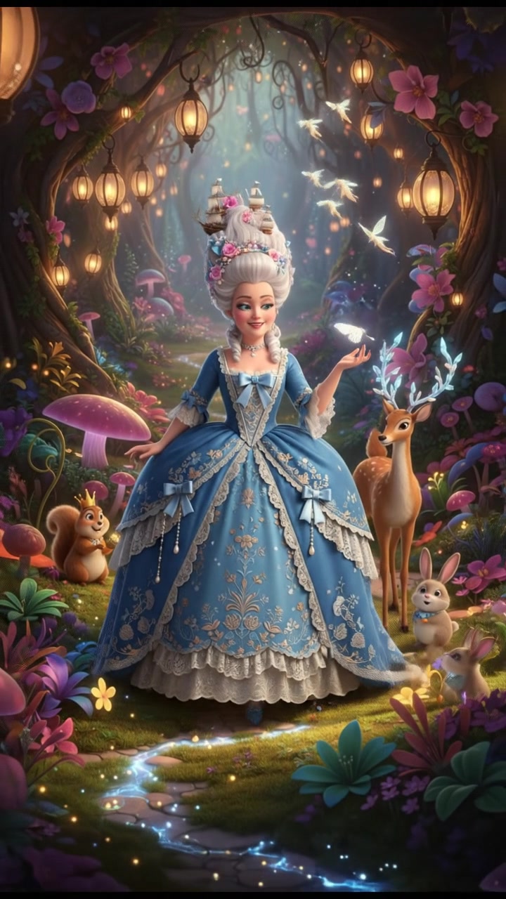 walking through an enchanted forest filled with glowing flowers and friendly animals