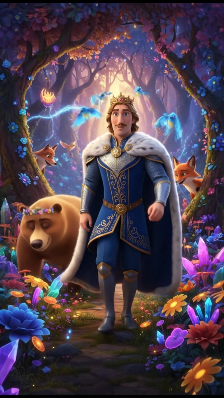 walking through an enchanted forest filled with glowing flowers and friendly animals