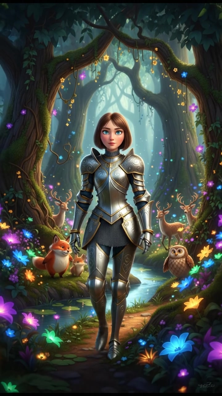 walking through an enchanted forest filled with glowing flowers and friendly animals