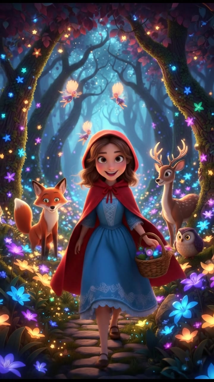 walking through an enchanted forest filled with glowing flowers and friendly animals