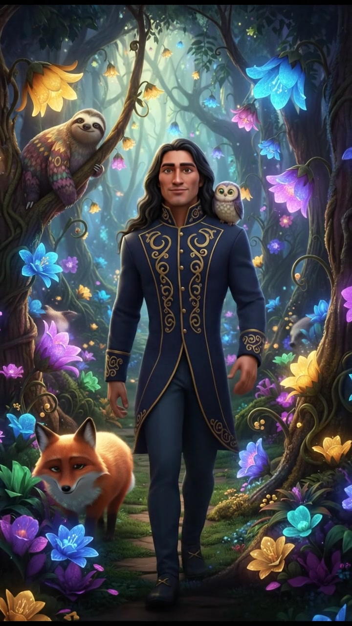 walking through an enchanted forest filled with glowing flowers and friendly animals