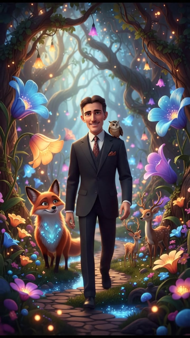 walking through an enchanted forest filled with glowing flowers and friendly animals