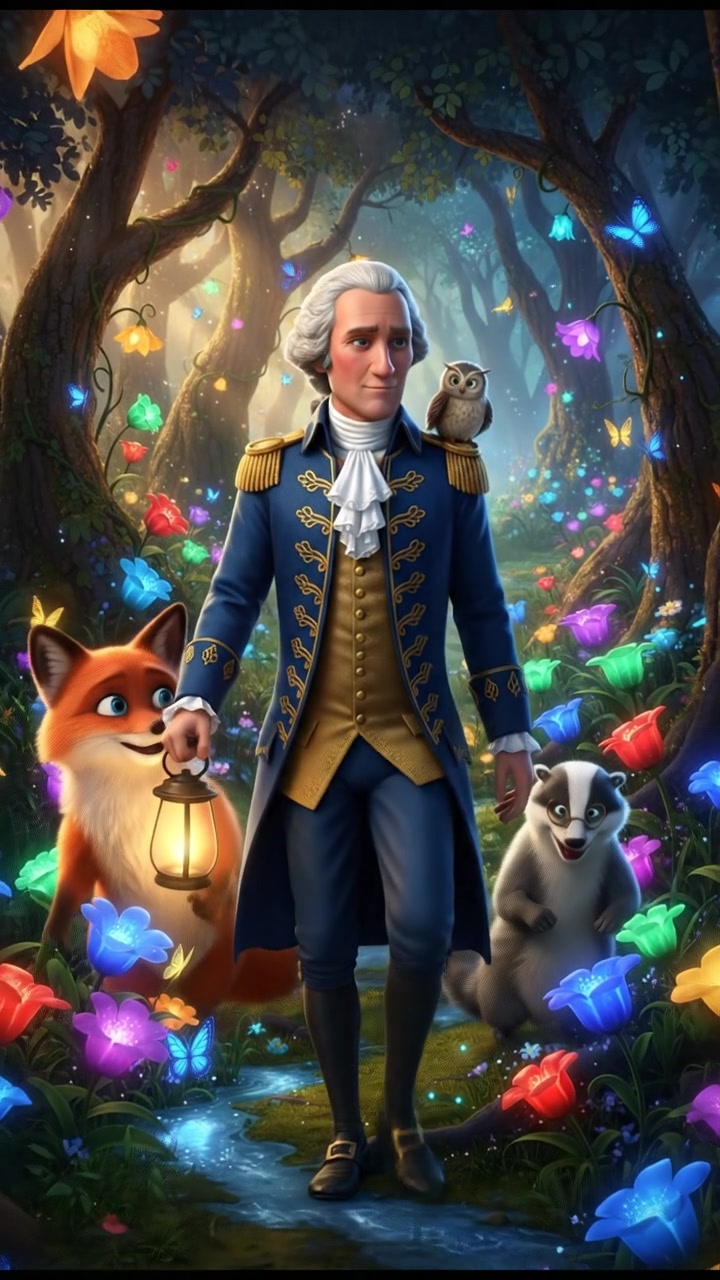 walking through an enchanted forest filled with glowing flowers and friendly animals