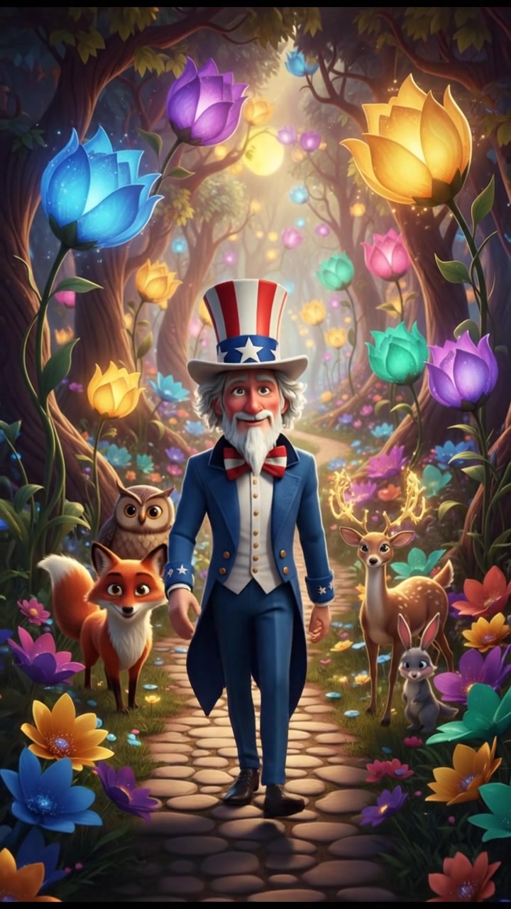 walking through an enchanted forest filled with glowing flowers and friendly animals