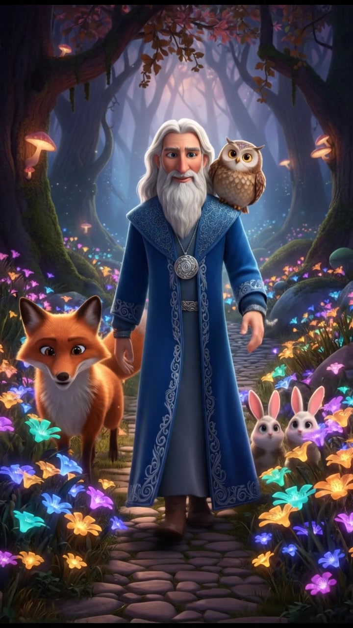 walking through an enchanted forest filled with glowing flowers and friendly animals