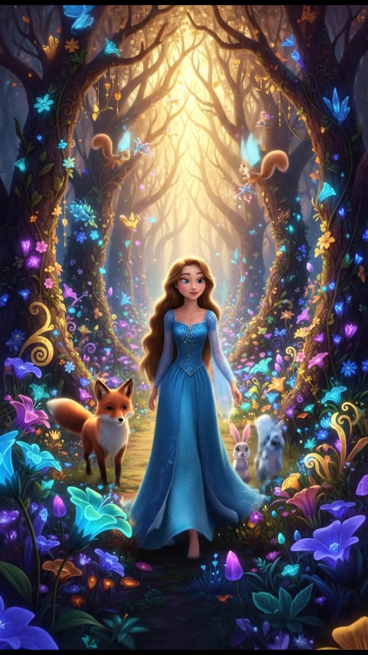 walking through an enchanted forest filled with glowing flowers and friendly animals