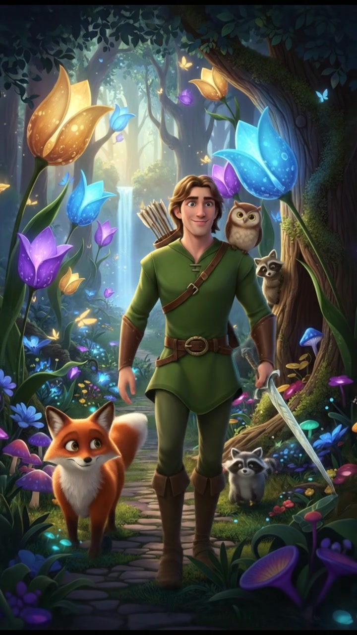 walking through an enchanted forest filled with glowing flowers and friendly animals