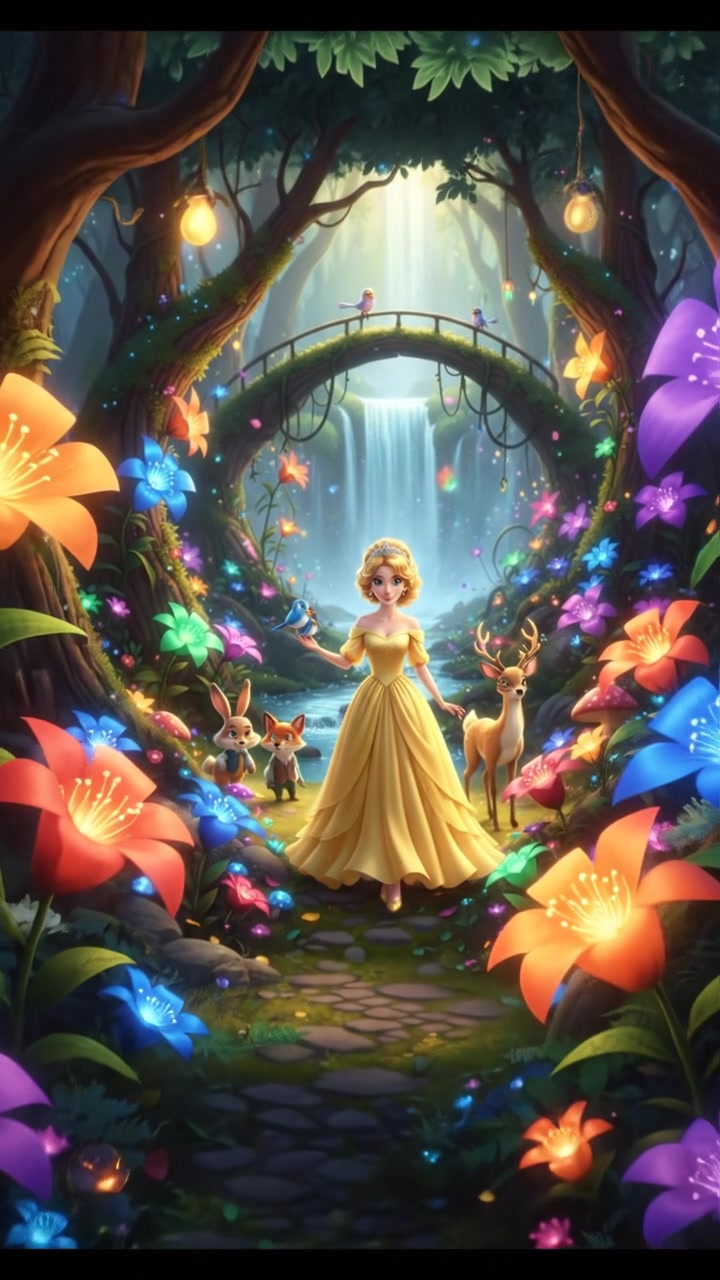 walking through an enchanted forest filled with glowing flowers and friendly animals