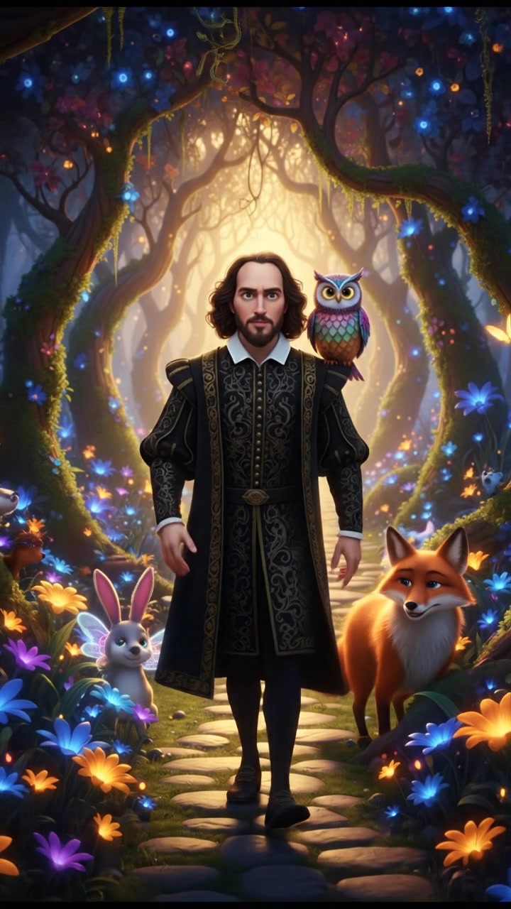 walking through an enchanted forest filled with glowing flowers and friendly animals