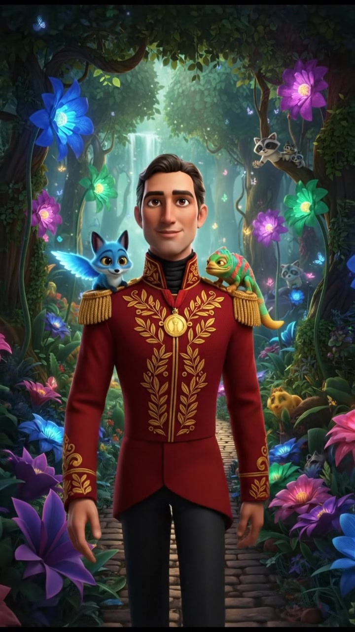 walking through an enchanted forest filled with glowing flowers and friendly animals