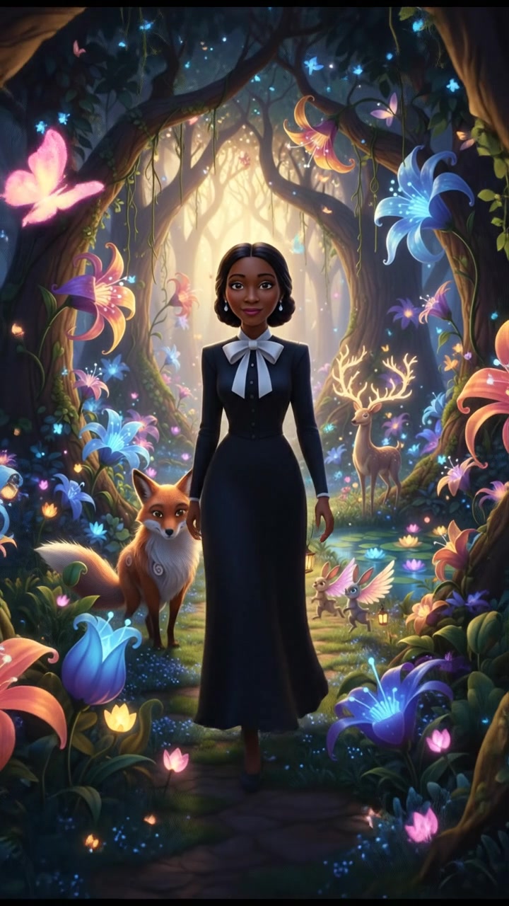 walking through an enchanted forest filled with glowing flowers and friendly animals