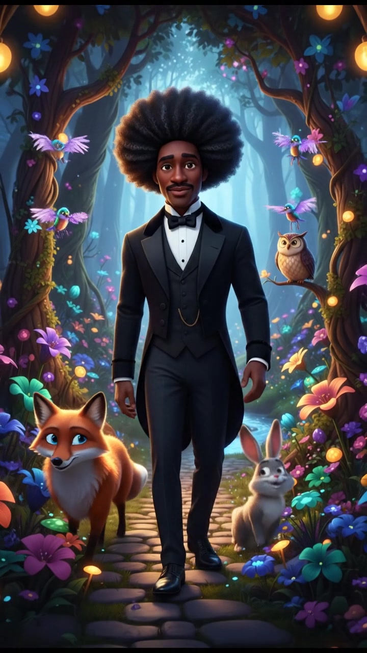 walking through an enchanted forest filled with glowing flowers and friendly animals