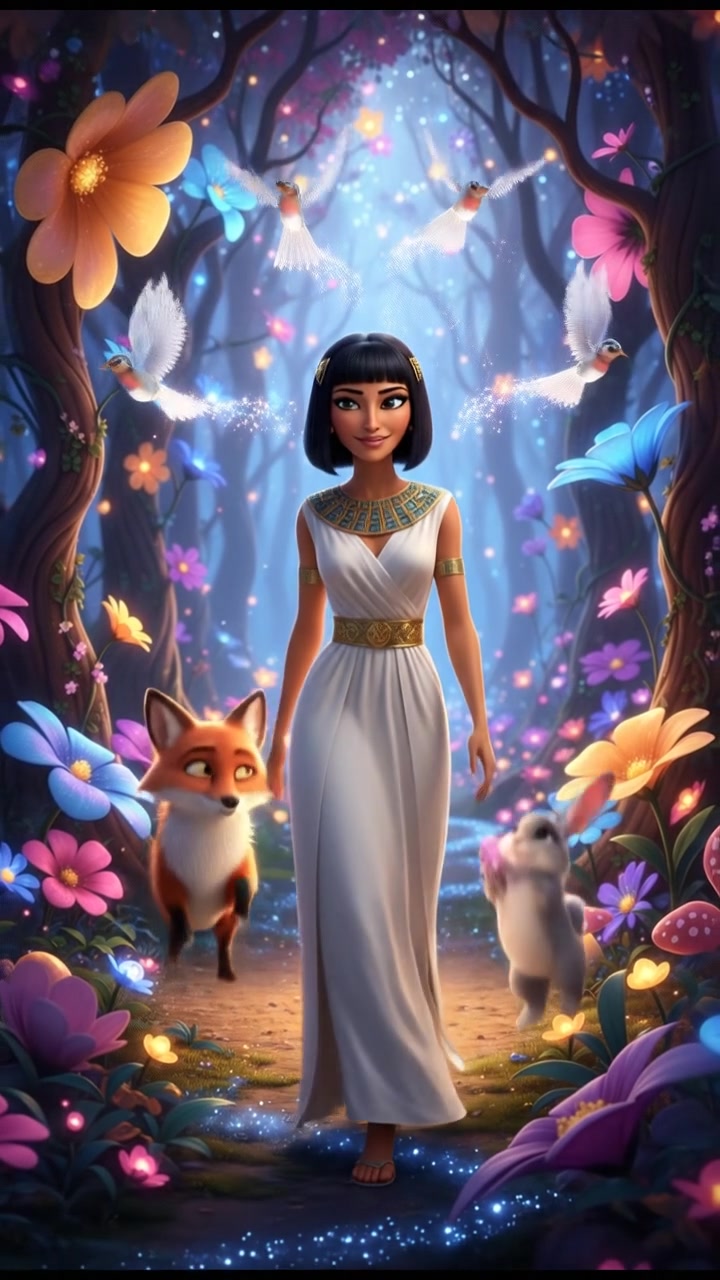 walking through an enchanted forest filled with glowing flowers and friendly animals