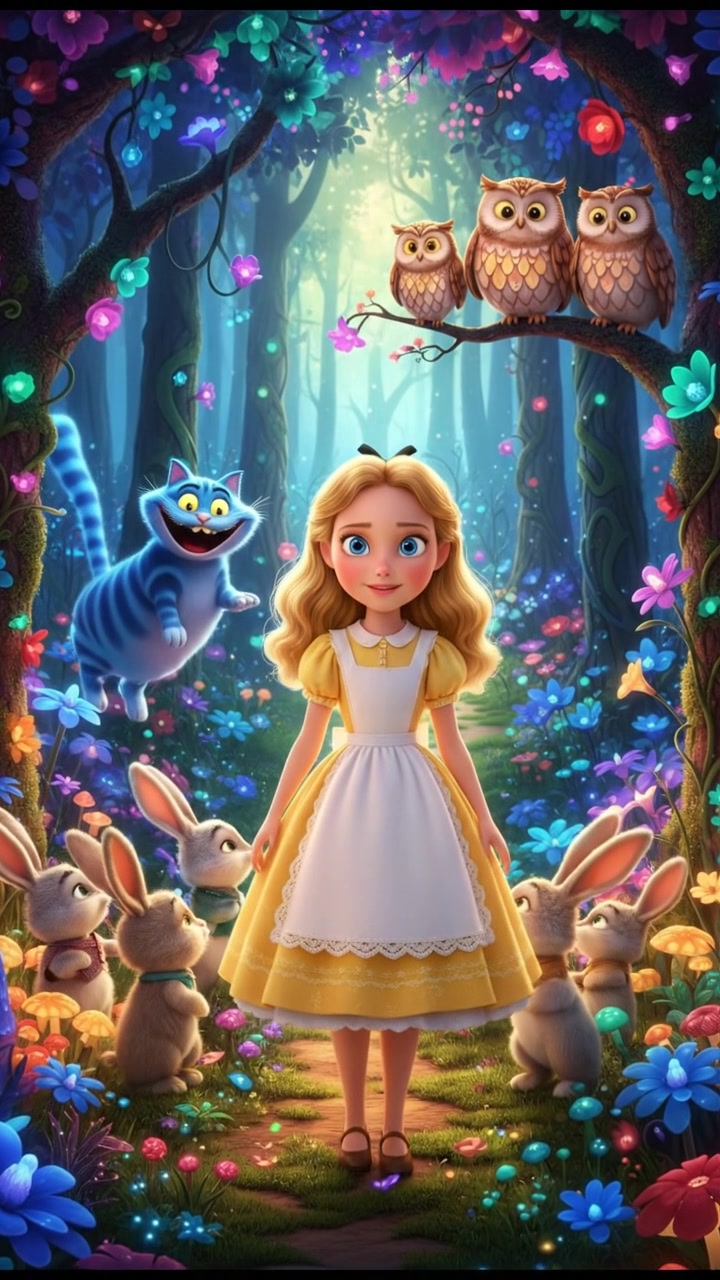 walking through an enchanted forest filled with glowing flowers and friendly animals