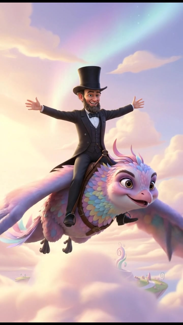 riding on a giant bird or dragon across a pastel sky, joyful and adventurous