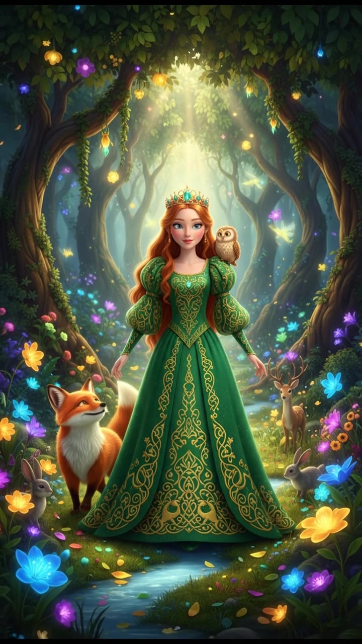 walking through an enchanted forest filled with glowing flowers and friendly animals