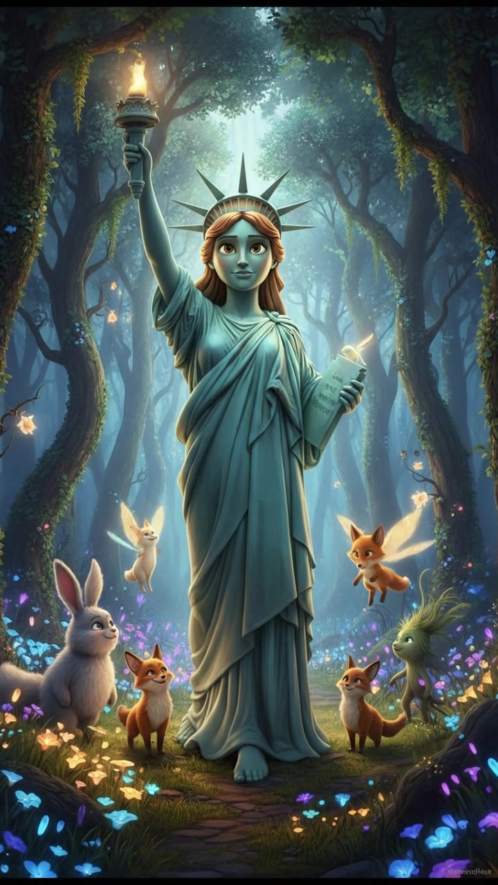 walking through an enchanted forest filled with glowing flowers and friendly animals