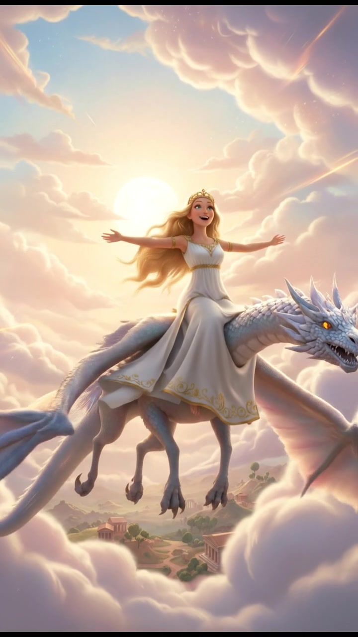 riding on a giant bird or dragon across a pastel sky, joyful and adventurous