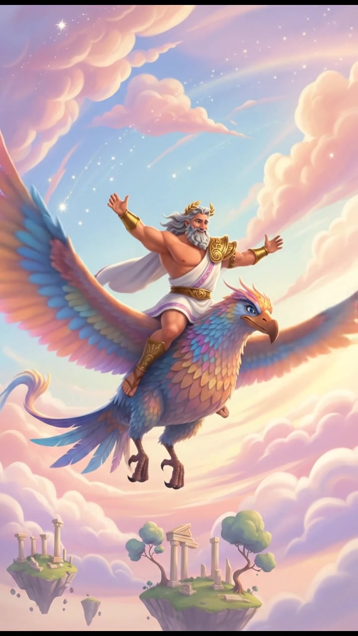 riding on a giant bird or dragon across a pastel sky, joyful and adventurous