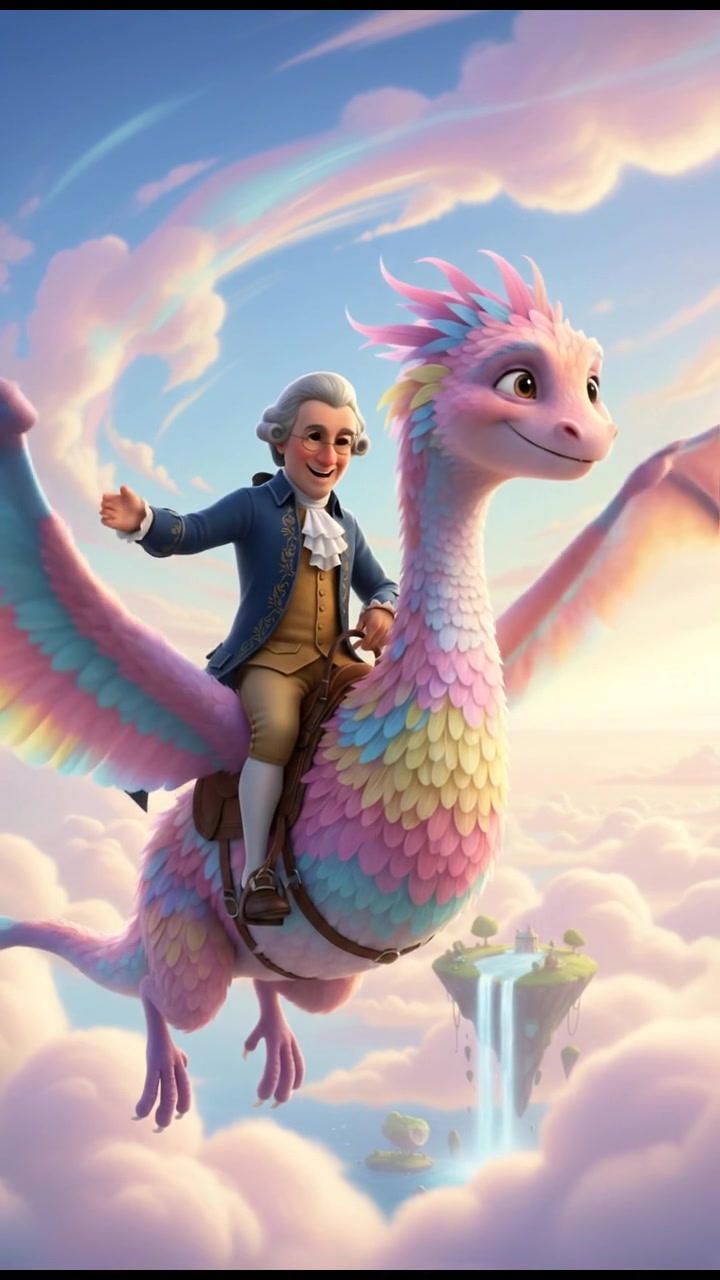 riding on a giant bird or dragon across a pastel sky, joyful and adventurous