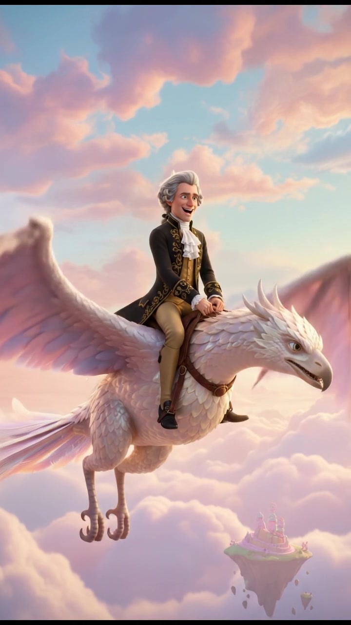 riding on a giant bird or dragon across a pastel sky, joyful and adventurous