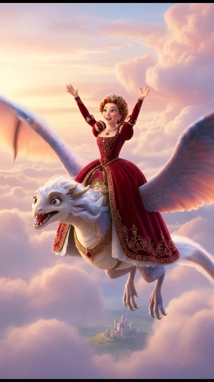 riding on a giant bird or dragon across a pastel sky, joyful and adventurous