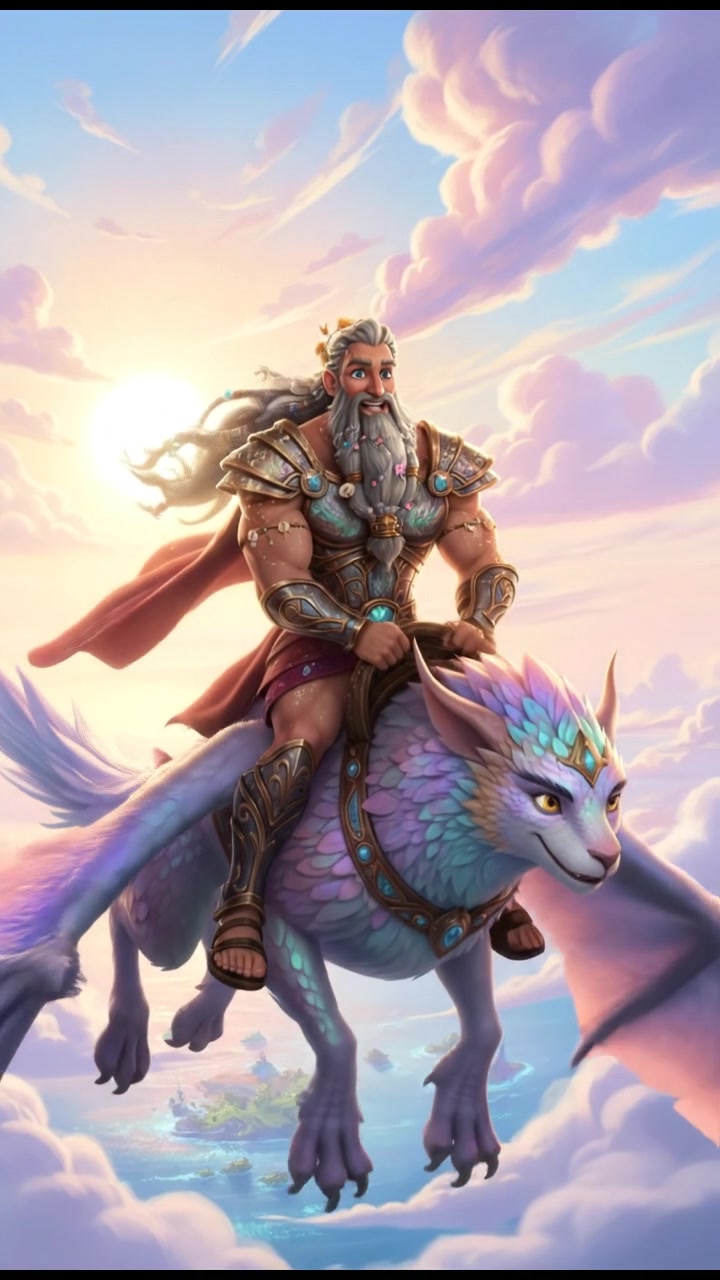 riding on a giant bird or dragon across a pastel sky, joyful and adventurous