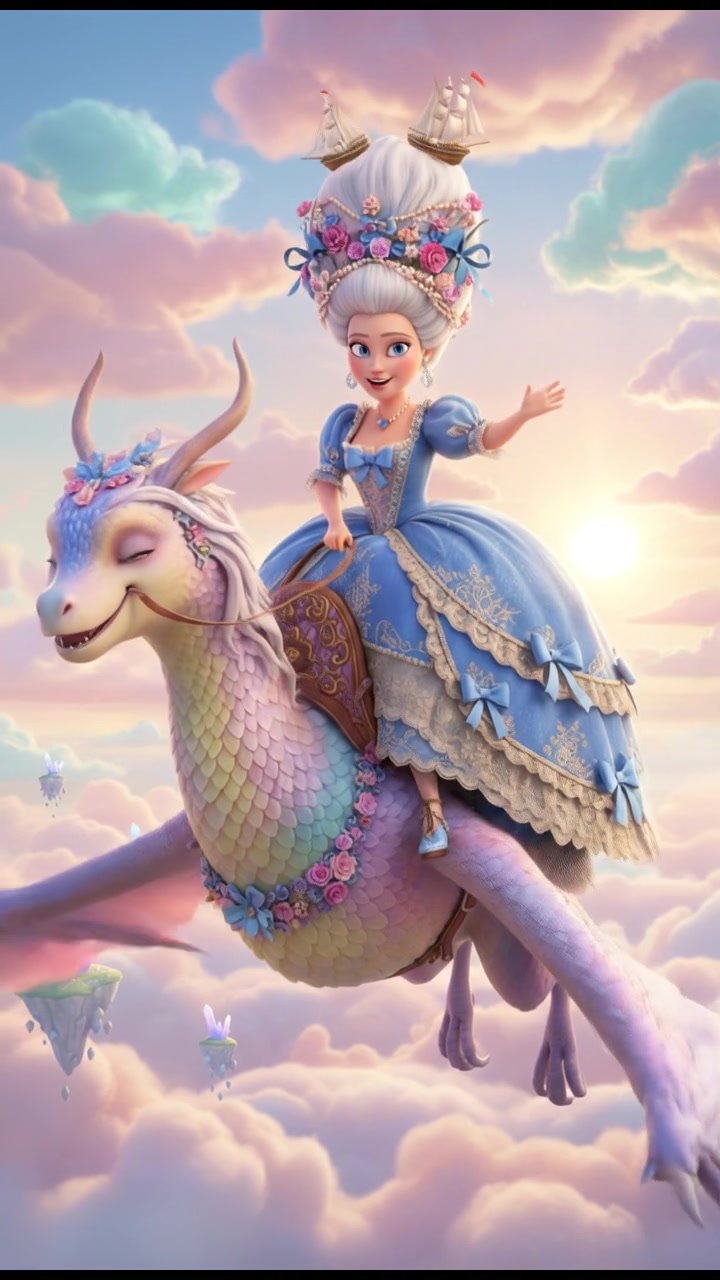 riding on a giant bird or dragon across a pastel sky, joyful and adventurous