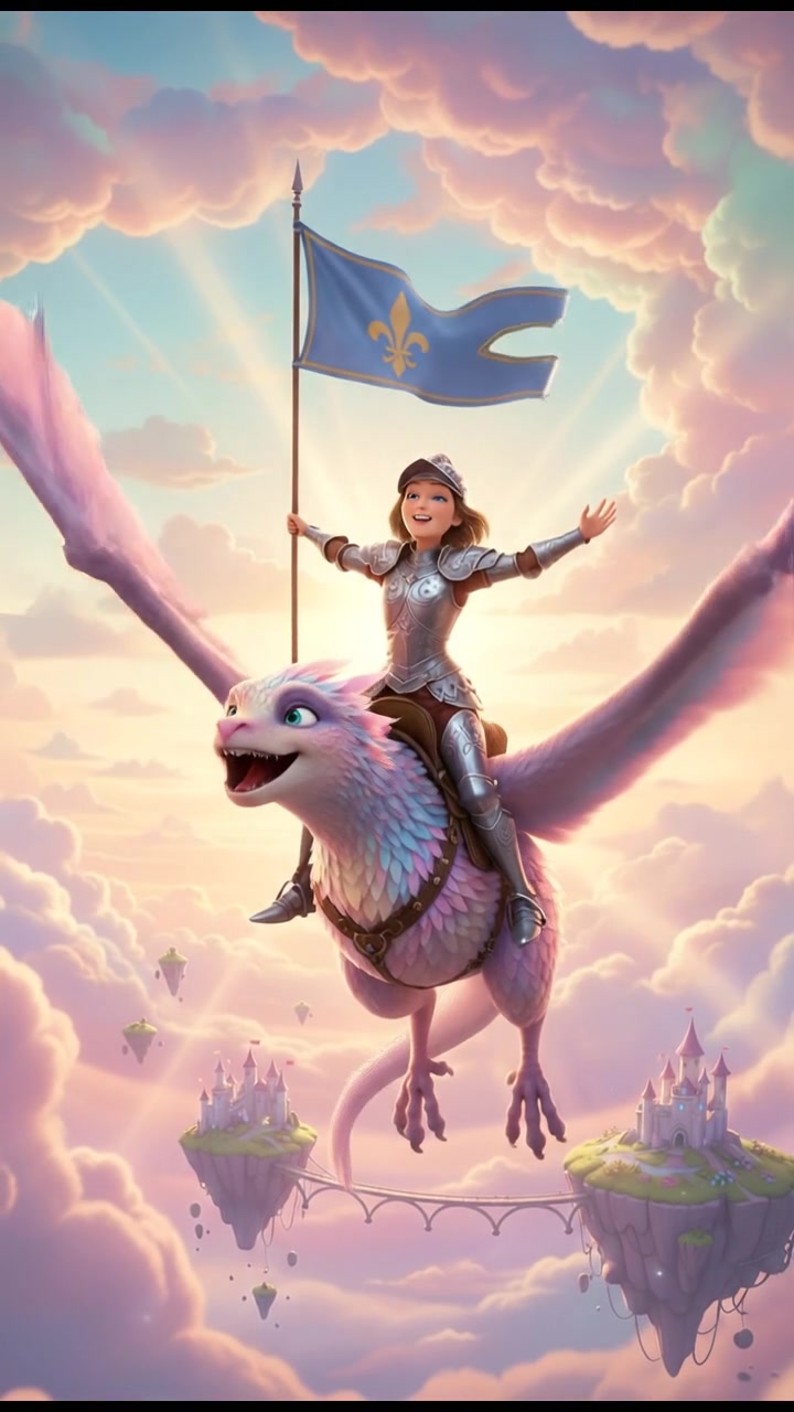 riding on a giant bird or dragon across a pastel sky, joyful and adventurous