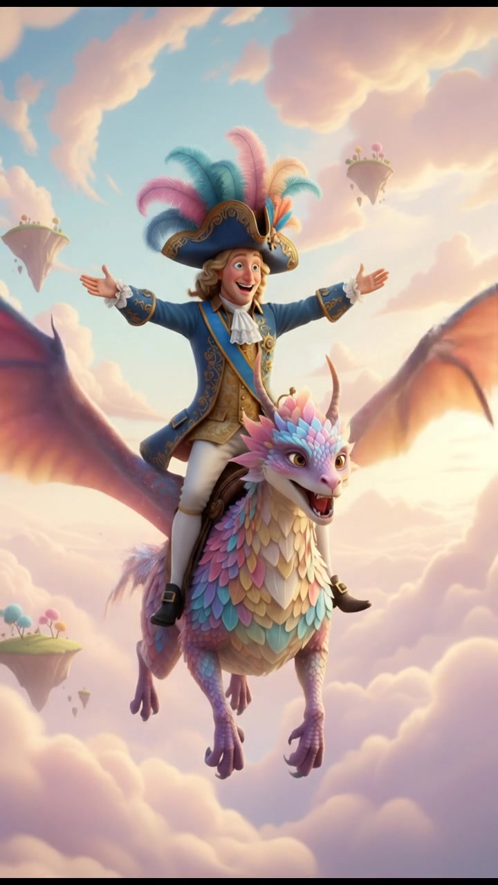 riding on a giant bird or dragon across a pastel sky, joyful and adventurous