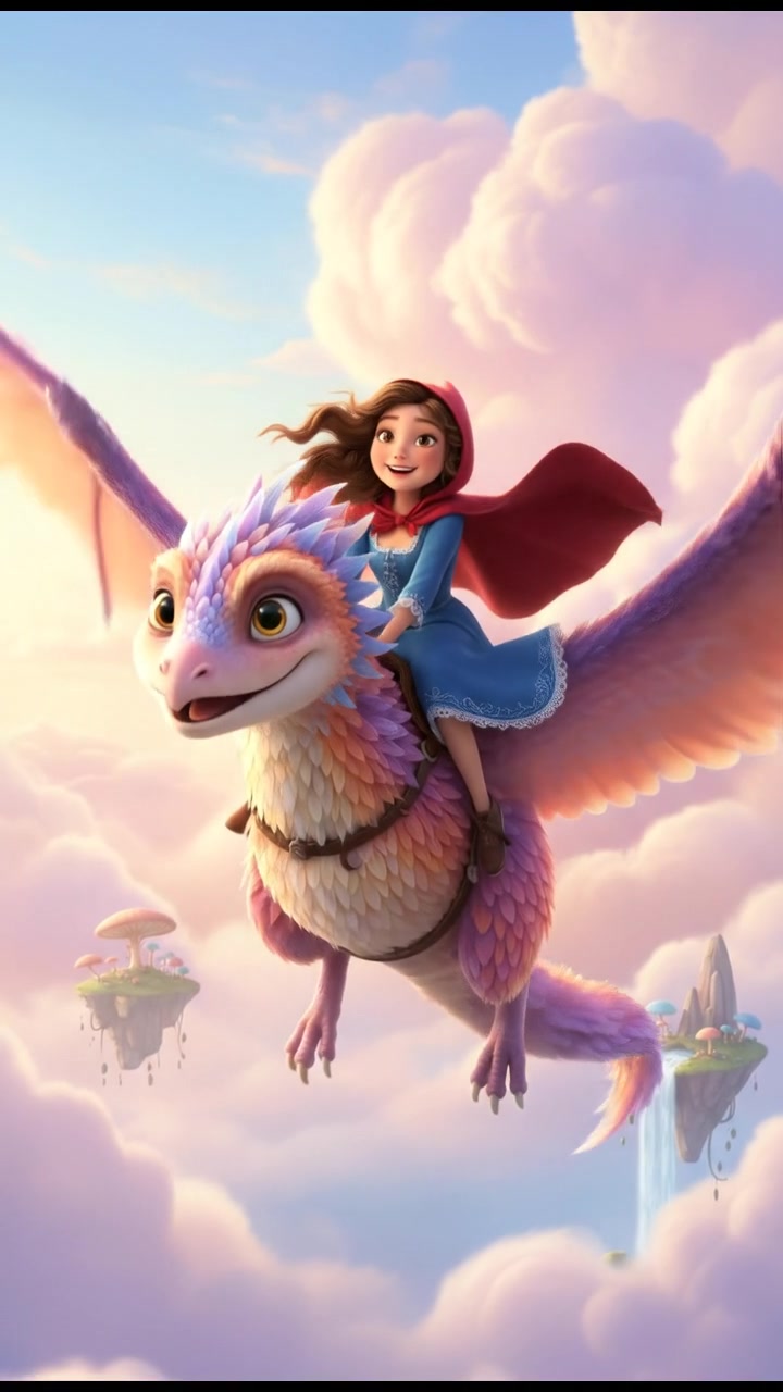 riding on a giant bird or dragon across a pastel sky, joyful and adventurous