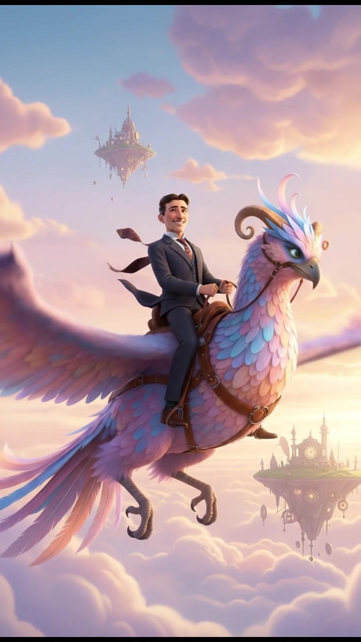riding on a giant bird or dragon across a pastel sky, joyful and adventurous