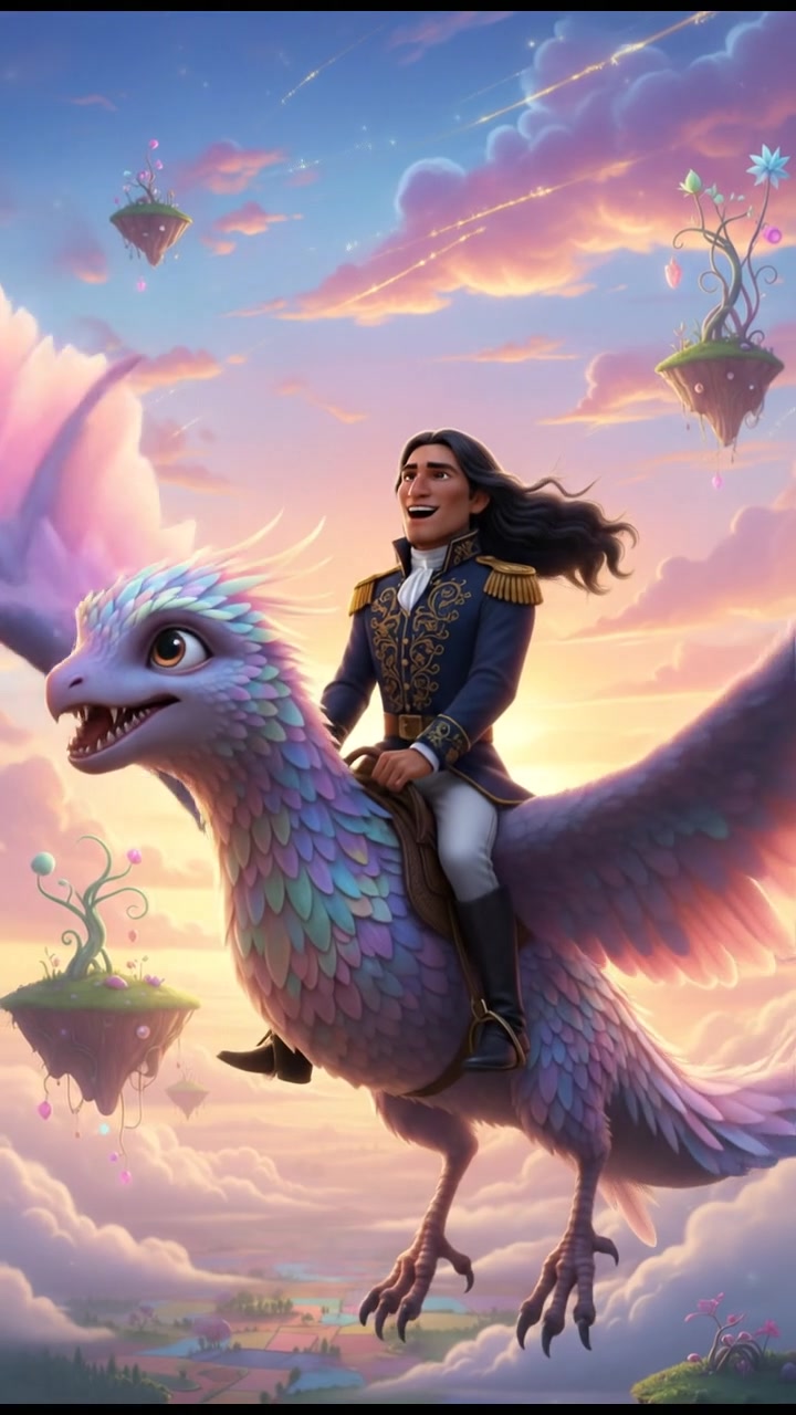 riding on a giant bird or dragon across a pastel sky, joyful and adventurous