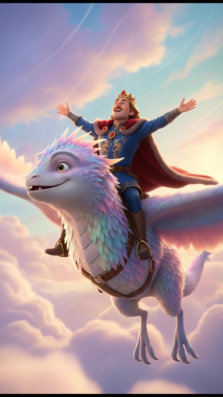 riding on a giant bird or dragon across a pastel sky, joyful and adventurous