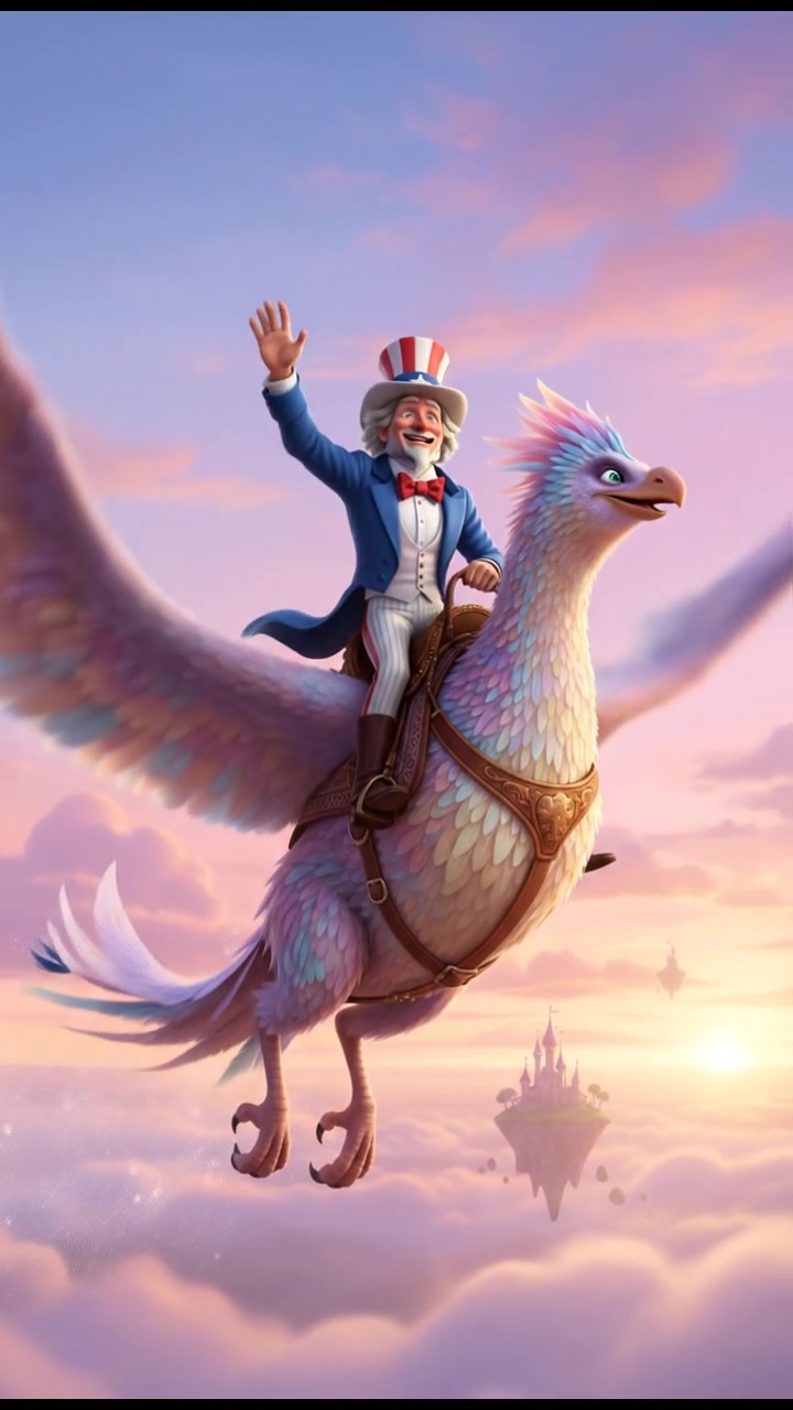 riding on a giant bird or dragon across a pastel sky, joyful and adventurous